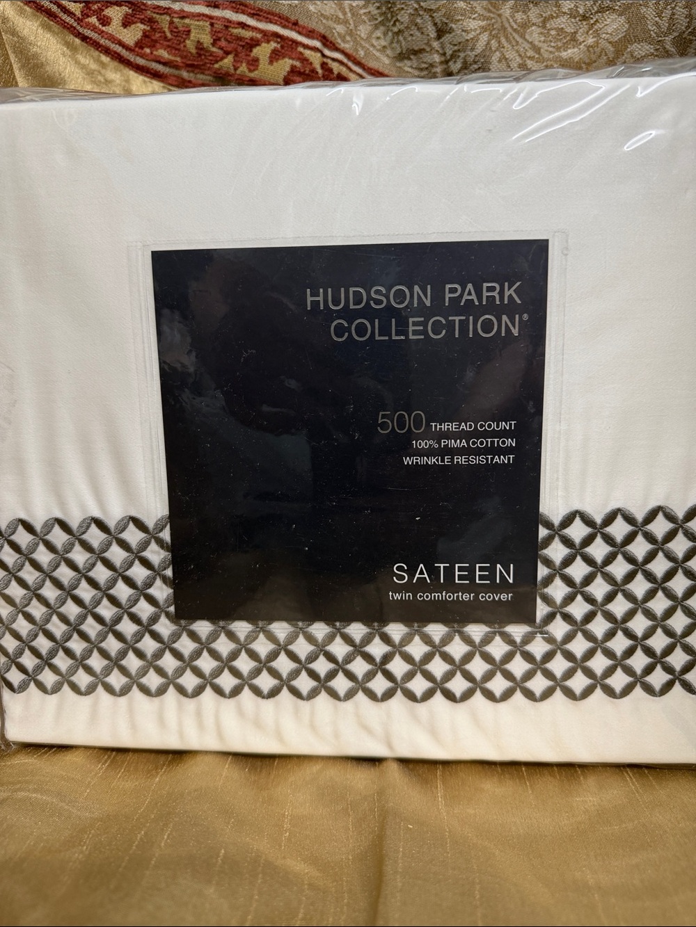 Hudson Jeans White Sateen Twin Comforter Cover with Gray Geometric Trim